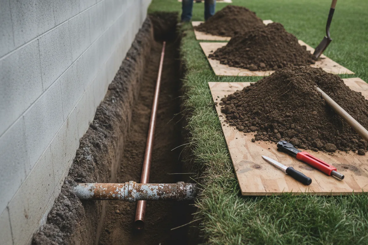 Excavated water line trench during Water Softener Installation in Hoagland